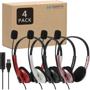 GEEKRIA USB Headset with Mic, Mute Button and Volume Control, Lightweight Wired Computer On-Ear Headphones with Boom Microphone and Detachable 3.5mm Plug, Bulk Wholesale, 4 Pack, Assorted Colors