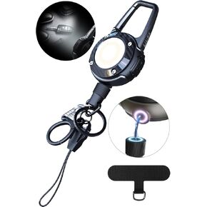 LIUGX LED Magnetic Retractable Keychain Flashlight 250 Lumens，USB-C Rechargeable, with Phone Tether Tabs, Retractable Badge Reel with 20"Dyneema Cord, 35oz, Ideal Keychain for Phone, Key, Badge Holder