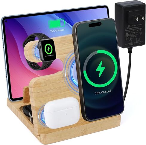 4 in 1 Multi Functional Wireless Charging Station Cell Phone Stand, Made from Real Bamboo, Neutral Colour and Fits Well with Most Decor Styles for AirPods, iWatch, Cell Phone, Tablet, Gift in Saudi Arabia