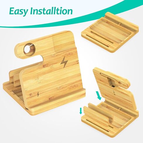 4 in 1 Multi Functional Wireless Charging Station Cell Phone Stand, Made from Real Bamboo, Neutral Colour and Fits Well with Most Decor Styles for AirPods, iWatch, Cell Phone, Tablet, Gift in Saudi Arabia