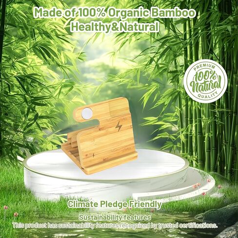 4 in 1 Multi Functional Wireless Charging Station Cell Phone Stand, Made from Real Bamboo, Neutral Colour and Fits Well with Most Decor Styles for AirPods, iWatch, Cell Phone, Tablet, Gift in Saudi Arabia
