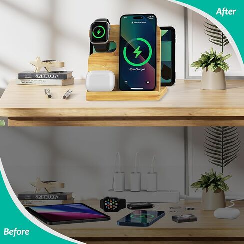 4 in 1 Multi Functional Wireless Charging Station Cell Phone Stand, Made from Real Bamboo, Neutral Colour and Fits Well with Most Decor Styles for AirPods, iWatch, Cell Phone, Tablet, Gift in Saudi Arabia