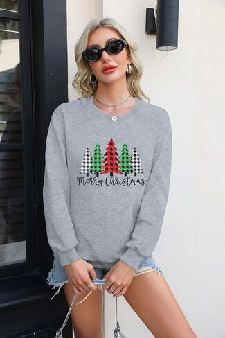 Merry and Bright Shirt Women Funny Leopard Printed Plaid Christmas Trees Long Sleeve Sweatshirts Xmas Graphic Tees in Saudi Arabia