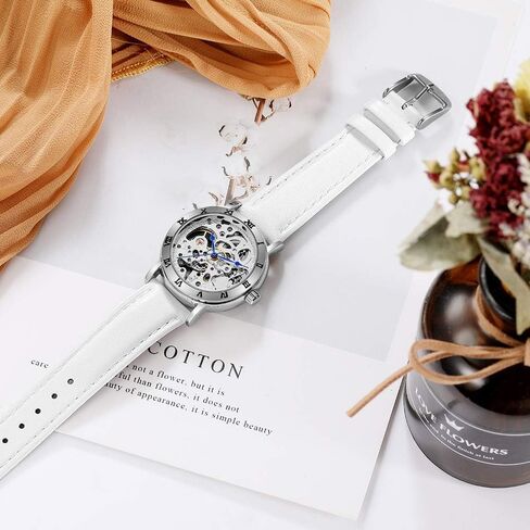 MASTOP Women's Watches Automatic Steampunk Self Winding Mechanical Silver Bracelet Ladies Skeleton Wrist Watch in Kuwait
