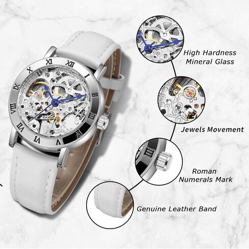 MASTOP Women's Watches Automatic Steampunk Self Winding Mechanical Silver Bracelet Ladies Skeleton Wrist Watch in Kuwait