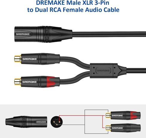 DREMAKE 3 Foot Male XLR 3-Pin to Double RCA Female Y-Splitter Audio Breakout Cord, XLR Male to Dual RCA Plug Stereo Adapter Cable, 2RCA to XLR Interconnect Microphone Cable for Home Audio System - 1M in Kuwait