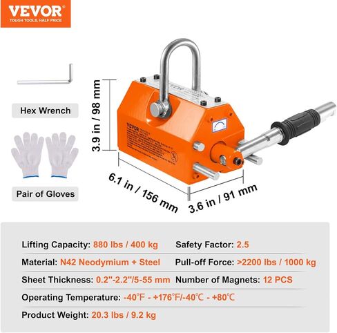 رافع مغناطيسي VEVOR، سعة سحب 2200 رطل/1000 كجم، عامل أمان 2.5، النيوديميوم والفولاذ، مغناطيس رفع مع إطلاق، مغناطيس رفع دائم، مغناطيس عالي التحمل للرافعة، رافعة متجر، كتلة، لوح in Kuwait