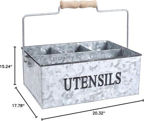 علبة مزرعة ريفية مجلفنة متعددة الأغراض من Light & Pro - علبة تخزين معدنية مكونة من 4 أقسام مع مقبض خشبي مثالية لأدوات المطبخ والنزهة ومزارع الحديقة - مطروقة - رمادي عتيق in Kuwait