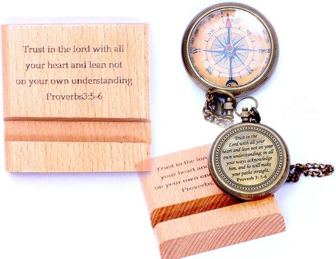 Trust in The Lord with All Your Heart - Proverbs 3: 5-6 Quote Engraved Compass with Wooden Stand, Christian Gift for Men & Women, God's Compass, Graduation Day, Baptism Gifts in Saudi Arabia