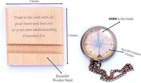 Trust in The Lord with All Your Heart - Proverbs 3: 5-6 Quote Engraved Compass with Wooden Stand, Christian Gift for Men & Women, God's Compass, Graduation Day, Baptism Gifts in Saudi Arabia