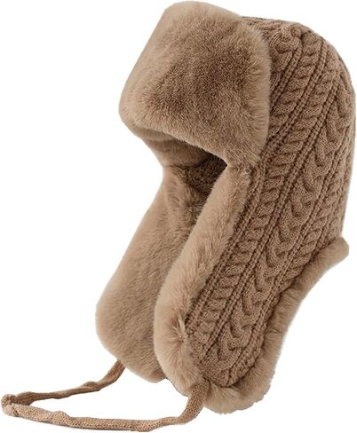 Womens Winter Warm Cable Knitted Hat Thick Fleece Lined Sherpa Pilot Hood Cap Windproof Earflap Beanie Peruvian Trapper Hat in Saudi Arabia