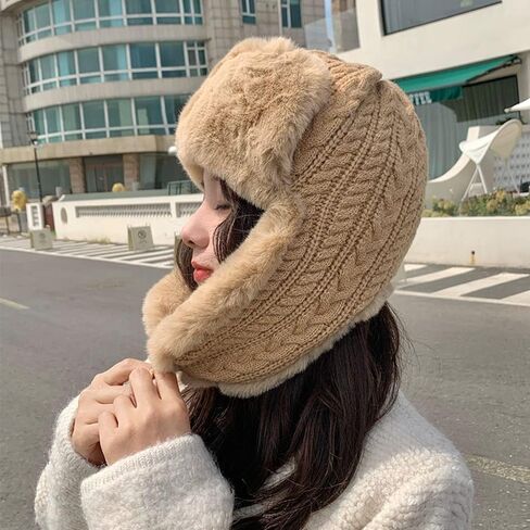 Womens Winter Warm Cable Knitted Hat Thick Fleece Lined Sherpa Pilot Hood Cap Windproof Earflap Beanie Peruvian Trapper Hat in Saudi Arabia