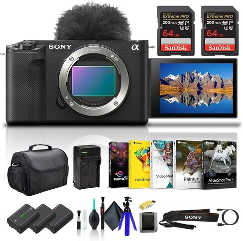 Sony Alpha ZV-E1 Full-Frame Vlog Mirrorless Lens Camera Black ILCZVE1/B, Case, 2 x 64GB Card, 2 x NP-FZ100 Compatible Battery, Charger, Corel Photo Software, Card Reader, Flex Tripod, and More in Saudi Arabia