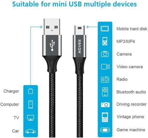 AGVEE 2 Pack 6ft Replacement for Garmin Nuvi GPS Charger Data Cable Gpsmap Charging Cord, TI-84 Plus/CE/C Silver, Blue Yeti USB Microphone/Pro Mic, for Canon IFC-400PCU/300PCU/200U, Black in Kuwait