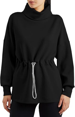 Women's Turtleneck Sweatshirts Long Sleeve Pullover Tops Side Slit Tunic Shirts with Drawstring Waist in Saudi Arabia