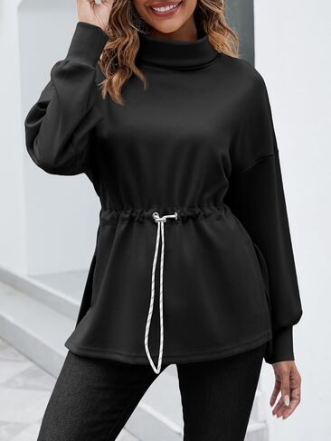 Women's Turtleneck Sweatshirts Long Sleeve Pullover Tops Side Slit Tunic Shirts with Drawstring Waist in Saudi Arabia
