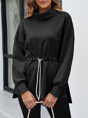 Women's Turtleneck Sweatshirts Long Sleeve Pullover Tops Side Slit Tunic Shirts with Drawstring Waist in Saudi Arabia