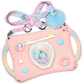 [Super Cute Bubble Blowing Unicorn Case] Compatible with iPad 10th Generation Case for Kids (2022) 10.9'' Silicone Pop it Case Cover for Girls with Bling Quicksand and 360° Rotating Stand (Pink)
