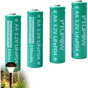 AA 3.2V LiFePo4 650mAh Solar Battery, AA 3.2V Lithium Iron Phosphate Rechargeable Battery for Garden Solar Light- (6-Pack)