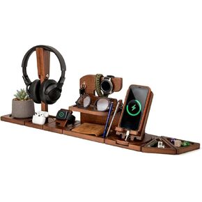 TESLYAR Gifts for Men Multifunctional Modular Wooden Desk Organizer Wood Phone Docking Station Xmas Gifts for Dad Husband Anniversary Nightstand Key Holder Wallet Stand Compatible with iWatch AirPods