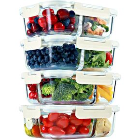 FIT Strong & Healthy 2 & 3 Compartment Glass Meal Prep Containers (4 Pack, Beige) - Glass Food Storage Containers with Lids, Glass Bento Box, Portion Control, Airtight, Oven & Freezer safe