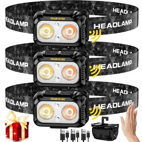3pcs Lightweight Motion Sensor Red Light Headlamp, 1200 LM 11 Kinds Modes Energy Saving IPX6 Waterproof Head Lamp, Adjustable Hook Comfortable Headband Head Light for Camping Hiking Biking Run(Black)