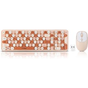 Wireless Keyboard and Mouse Combo, Full Size Compact Quiet Wireless Keyboard and Mouse Set 2.4G Ultra-Thin Sleek Design for Windows, Desktop, PC, Notebook, Laptop,Round Keys Milk Tea Mixed Punk Color