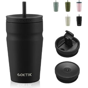 COKTIK 24oz Insulated Tumbler with Lid and Straw 2 Lids (Straw/Flip) Iced Coffee Cup Reusable Stainless Steel Travel Mug Water Bottle Cupholder Friendly for Women Men Her Him (Almond Birch)