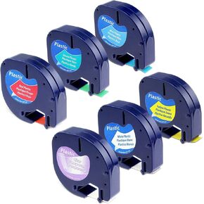 Label KINGDOM Compatible with Dymo LetraTag Refills Plastic Black on Clear/White/Yellow/Red/Green/Blue Color Combo Set 1/2" x 13' Label Tape for LetraTag LT100H LT100T QX50 200B Label Maker, 6-Pack