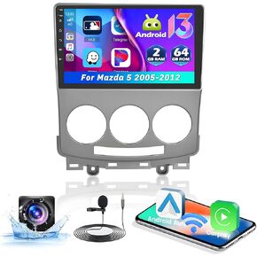 8Core 6+128G Car Stereo for Mazda 5 2005-2012 with Wireless Apple Carplay Android Auto, 9 Inch Android 13 1280*720 Touch Screen Car Radio with DSP BT5.0 GPS WiFi SWC EQ FM RDS Radio+ Backup Camera Mic