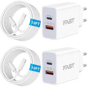US to Europe Plug Adapter, 20W 2-Port PD+QC Fast USB C Wall Charger Block European Travel Plug Power Adapter with 10FT Long USB C to C Cable for iPhone 16 15 Pro Max Plus iPad Samsung Tablet