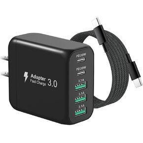 iPhone 16 15 Pro Max Charger Fast Charging USB C Charger Block, 50W 5-Port USB-C Charger with 6 FT Braided Type C Fast Charging Cable for iPhone 16/16 Pro/16 Pro Max/16 Plus/15/15 Pro Max,iPad,Samsung