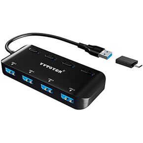 4-Port USB 3.0 Hub, VVTOYER Portable USB Hub Splitter for Laptop, with Individual Power Switch and USB-C Adapter