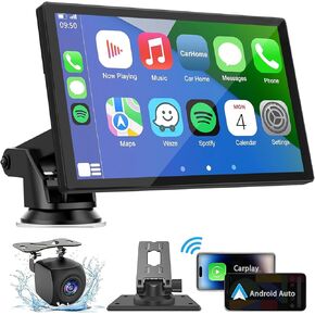 شاشة Hieha Carplay اللاسلكية للسيارة، شاشة ستيريو محمولة عالية الدقة مقاس 7 بوصات تعمل باللمس مع Apple CarPlay وAndroid Auto، وصلة مرآة، كاميرا احتياطية، بلوتوث، ملاحة GPS، AUX لجميع المركبات