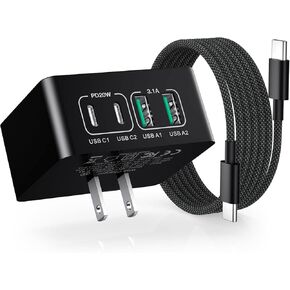 USB C Charger Block, 40W 4Port Fast Charging Wall Plug Dual USB C Cube + QC Power Adapter Flat Type C Multiport, 6ft Braided USB C to C Cable for iPhone 16 15 iPad Pro Air5 AirPods Galaxy S24