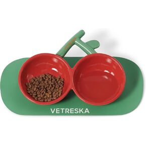 VETRESKA Ceramic Pet Bowl Tilted Design Pet Feeder for Food and Water Anti Vomit Cat Bowls for Indoor Cats Cute Cherry Cat Bowl Dishwasher Safe