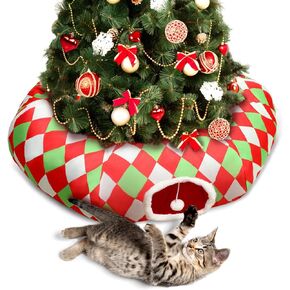 Pink Christmas Cat Tunnel Bed Peekaboo Cat Cave Donut Under Christmas Tree Pink Checker with Snowflakes Festive Decor Perfect for Small Medium Large Cats, Kittens, Rabbit, Ferret