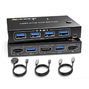 2 Computers USB 3.0 KVM Switch, HDMI KVM Switch 2 Ports, 2 Computers Share 1 Monitor and 4 USB Devices, ANQXX Keyboard Mouse Switch with Wired Control, 2 USB Cables and Power Adapter