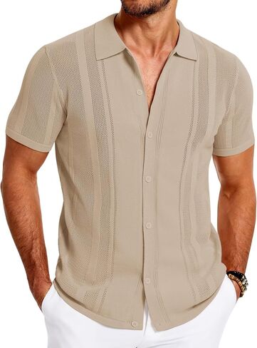 COOFANDY Men's Knit Shirts Short Sleeve Button Down Polo Shirt Vintage Casual Beach Shirt Summer Tops in Saudi Arabia