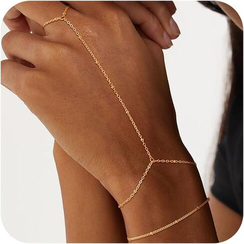 Dainty Hand Ring Chain CZ Bracelets for Women - Trendy 14K Gold Plated Adjustable Bead Satellite Hand Link Chain O-Chain Bracelet Non Tarnish Jewelry Gift in Saudi Arabia