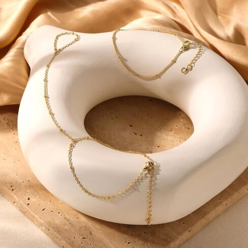 Dainty Hand Ring Chain CZ Bracelets for Women - Trendy 14K Gold Plated Adjustable Bead Satellite Hand Link Chain O-Chain Bracelet Non Tarnish Jewelry Gift in Saudi Arabia