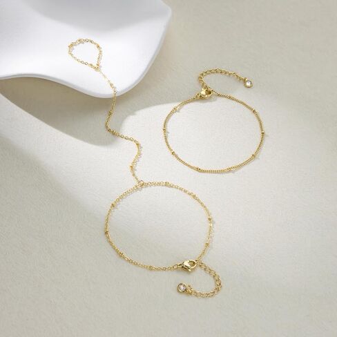 Dainty Hand Ring Chain CZ Bracelets for Women - Trendy 14K Gold Plated Adjustable Bead Satellite Hand Link Chain O-Chain Bracelet Non Tarnish Jewelry Gift in Saudi Arabia