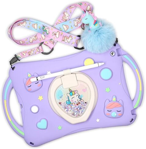 [Super Cute Bubble Blowing Unicorn Case] Compatible with iPad 10th Generation Case for Kids (2022) 10.9'' Silicone Pop it Case Cover for Girls with Bling Quicksand and 360° Rotating Stand (Pink) in Saudi Arabia