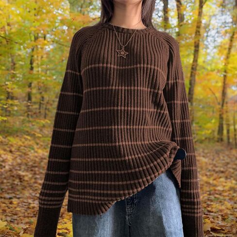 Fanvereka Women Fall Winter Vintage Striped Grunge Sweater Y2K Baggy Emo Sweater Oversized Long Sleeve Crewneck Sweatshirt in Kuwait