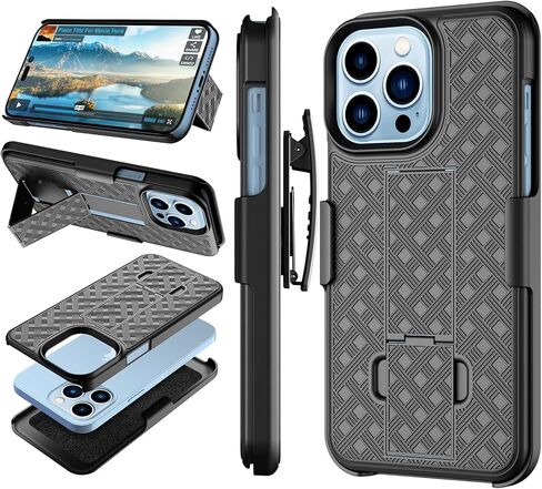 Belt Clip Holster Compatible for iPhone 14 Plus 6.7" Case, with Built-in Kickstand Belt Clip Holster Shockproof Cover, iPhone 14 Plus 5G Holster - Black in Saudi Arabia