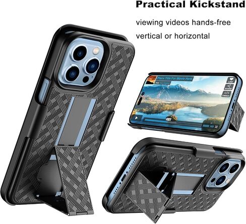 Belt Clip Holster Compatible for iPhone 14 Plus 6.7" Case, with Built-in Kickstand Belt Clip Holster Shockproof Cover, iPhone 14 Plus 5G Holster - Black in Saudi Arabia