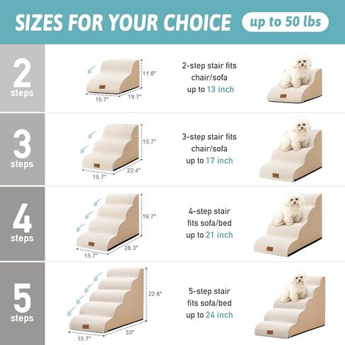 Curved Dog Stairs for Chair, Small Dogs Steps for Cat, Sofa or Couch, Pet Ramp with Leakproof Fabric Cover, Lightweight, High Density Foam, Durable, 15.7x19.7x11.8in, 2 Tiers, White Black in Kuwait