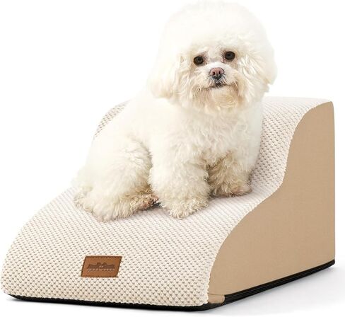 Curved Dog Stairs for Chair, Small Dogs Steps for Cat, Sofa or Couch, Pet Ramp with Leakproof Fabric Cover, Lightweight, High Density Foam, Durable, 15.7x19.7x11.8in, 2 Tiers, White Black in Kuwait