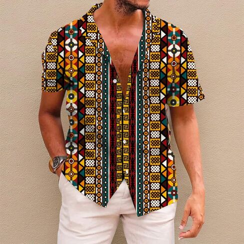 قمصان KYKU الأفريقية للرجال Dashiki 70s ملابس مطبوعة بأزرار سفلية قميص رجالي بأكمام قصيرة in Saudi Arabia