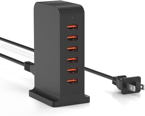 VPSUN USB Charger 6 Port 50W Multi USB Tower Charging Station for Multiple Devices iPhone 15/14/14 Pro/14 Pro Max/13 Pro/13 Pro Max/Android/Samsung/Tablet,etc (Black, 50W) in Saudi Arabia
